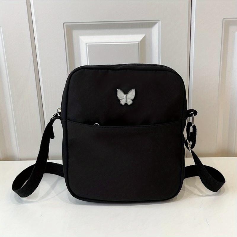 Nylon Crossbody Bag with Butterfly Decor, Square Purse