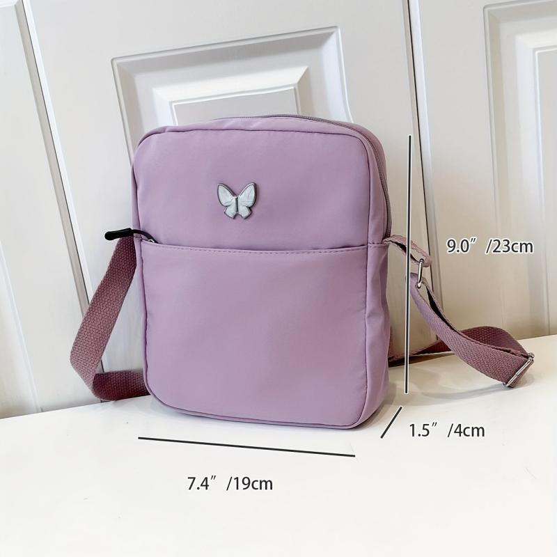 Nylon Crossbody Bag with Butterfly Decor, Square Purse
