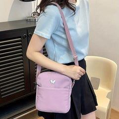 Nylon Crossbody Bag with Butterfly Decor, Square Purse