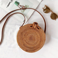 Boho Style Round Woven Rattan Bag - Small Circle Beach Crossbody Bag