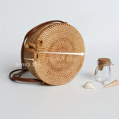 Boho Style Round Woven Rattan Bag - Small Circle Beach Crossbody Bag