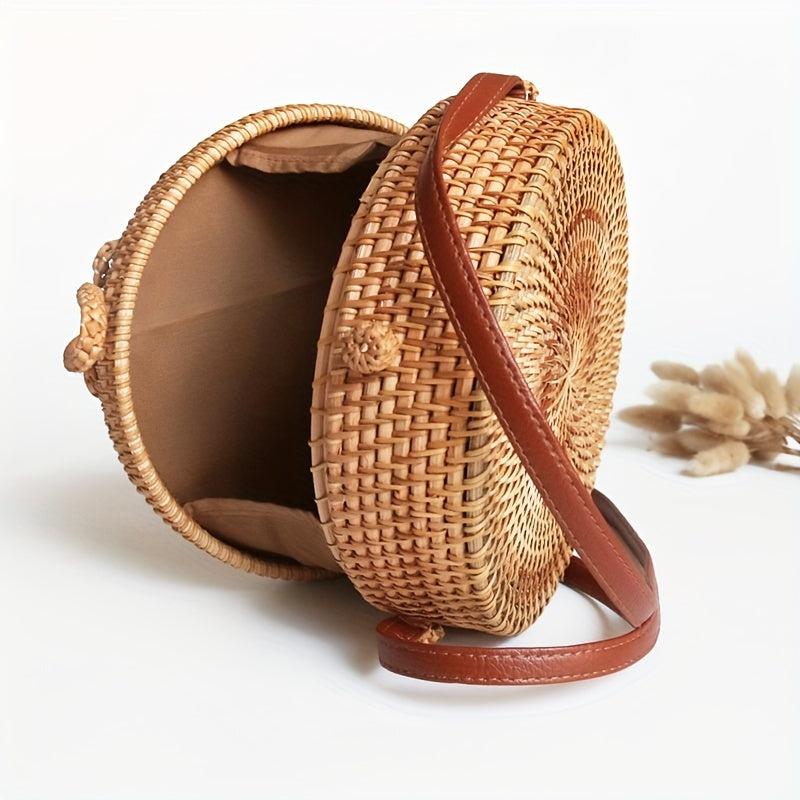 Boho Style Round Woven Rattan Bag - Small Circle Beach Crossbody Bag