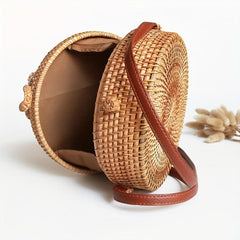 Boho Style Round Woven Rattan Bag - Small Circle Beach Crossbody Bag