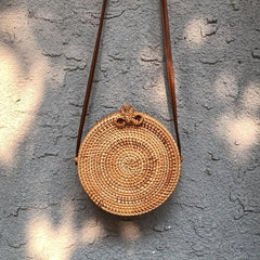 Boho Style Round Woven Rattan Bag - Small Circle Beach Crossbody Bag