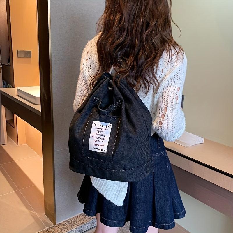 Casual Letter Patched Drawstring Bag Stylish Denim Backpack