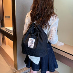 Casual Letter Patched Drawstring Bag Stylish Denim Backpack