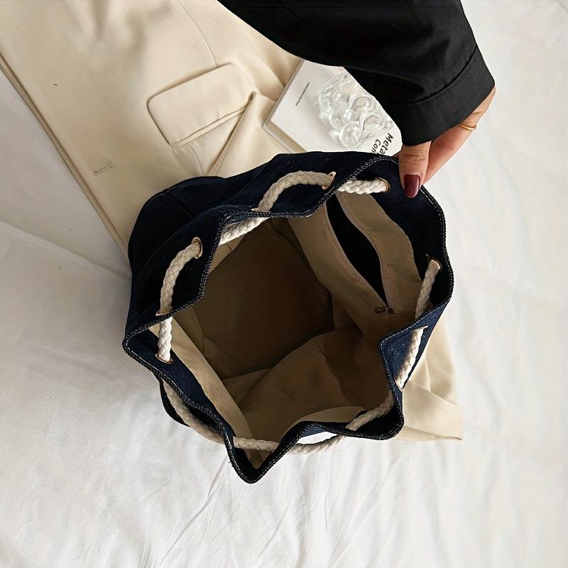 Casual Letter Patched Drawstring Bag Stylish Denim Backpack