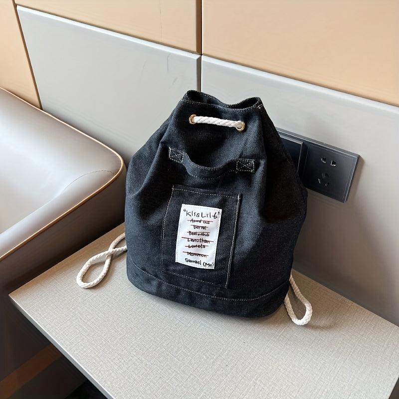Casual Letter Patched Drawstring Bag Stylish Denim Backpack