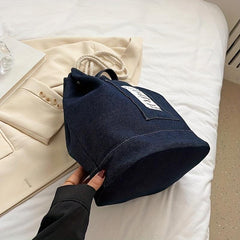 Casual Letter Patched Drawstring Bag Stylish Denim Backpack