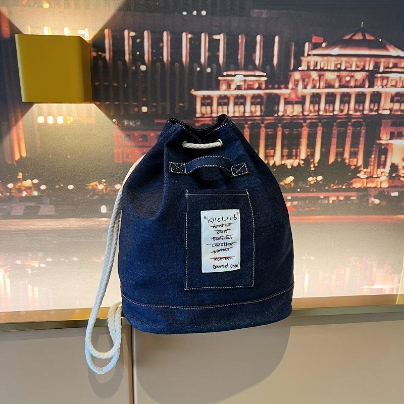 Casual Letter Patched Drawstring Bag Stylish Denim Backpack