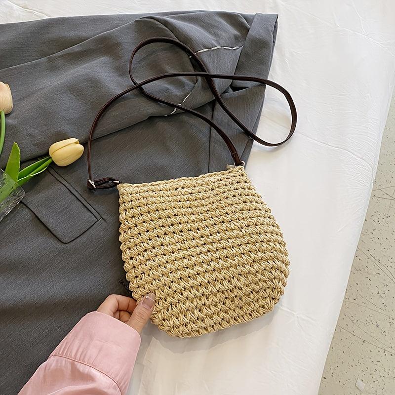 Boho Style Straw Crossbody Bag Hollow Out Shoulder Purse for Summer Beach