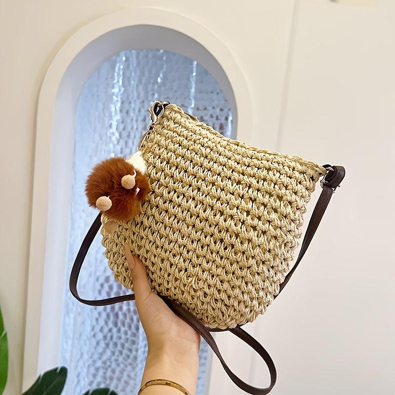 Boho Style Straw Crossbody Bag Hollow Out Shoulder Purse for Summer Beach