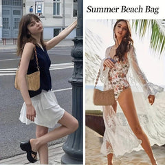 Boho Style Woven Straw Bucket Crossbody Bag with Chain Strap