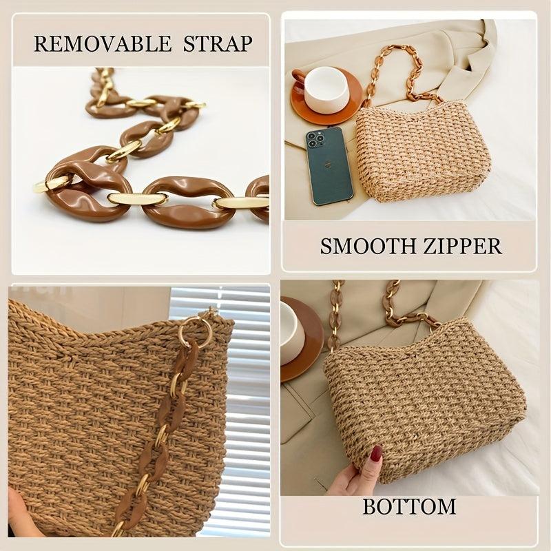 Boho Style Woven Straw Bucket Crossbody Bag with Chain Strap