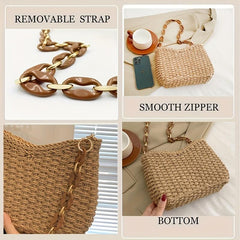 Boho Style Woven Straw Bucket Crossbody Bag with Chain Strap
