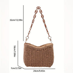 Boho Style Woven Straw Bucket Crossbody Bag with Chain Strap