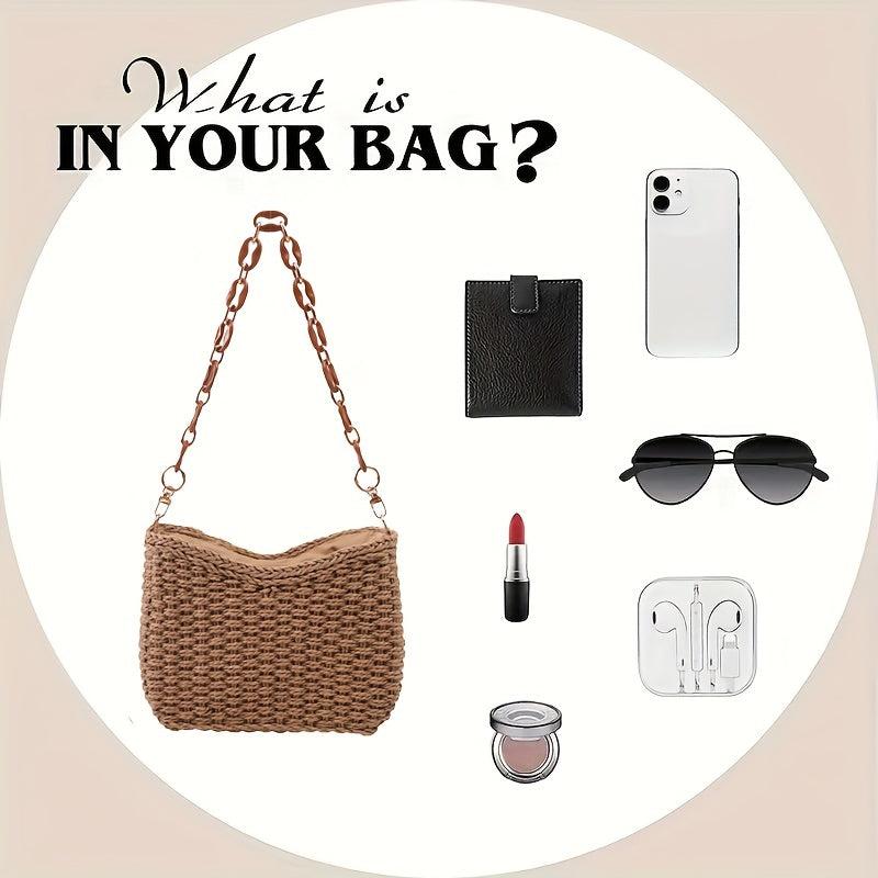 Boho Style Woven Straw Bucket Crossbody Bag with Chain Strap
