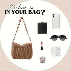 Boho Style Woven Straw Bucket Crossbody Bag with Chain Strap