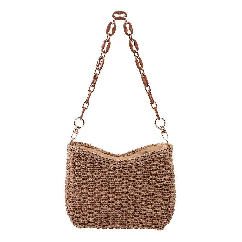 Boho Style Woven Straw Bucket Crossbody Bag with Chain Strap