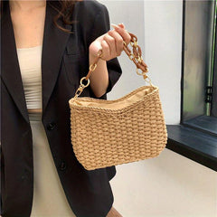 Boho Style Woven Straw Bucket Crossbody Bag with Chain Strap