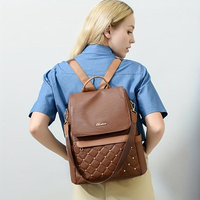 Casual Argyle Pattern Storage Bag Rivets Decor Solid Women's Bag