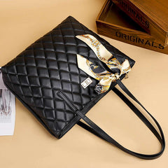 Quilted Argyle Tote Bag with Turn Lock and Scarf Decor