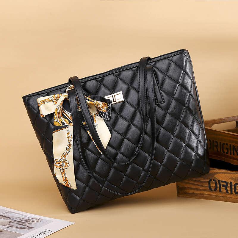 Quilted Argyle Tote Bag with Turn Lock and Scarf Decor