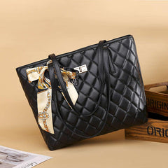 Quilted Argyle Tote Bag with Turn Lock and Scarf Decor