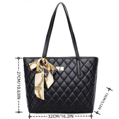 Quilted Argyle Tote Bag with Turn Lock and Scarf Decor