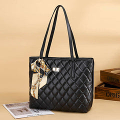 Quilted Argyle Tote Bag with Turn Lock and Scarf Decor