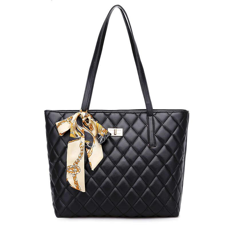Quilted Argyle Tote Bag with Turn Lock and Scarf Decor