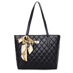 Quilted Argyle Tote Bag with Turn Lock and Scarf Decor