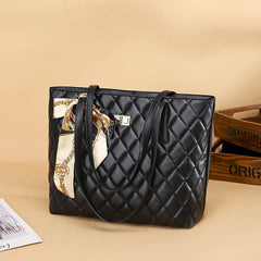 Quilted Argyle Tote Bag with Turn Lock and Scarf Decor