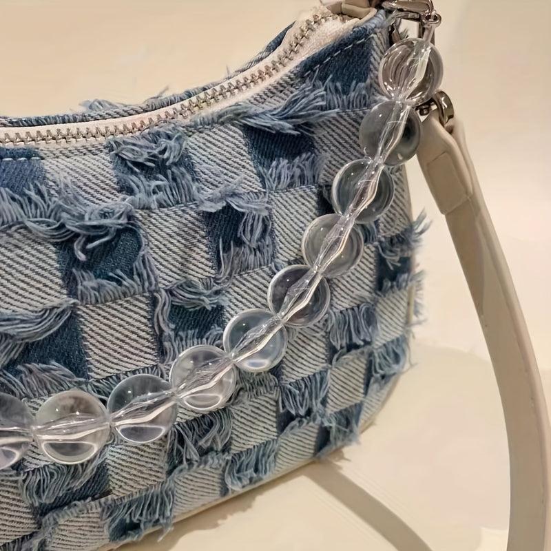 Plaid Denim Handbag with Beaded Clutch Purse