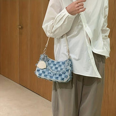 Plaid Denim Handbag with Beaded Clutch Purse