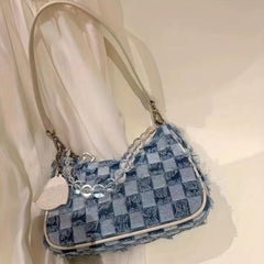 Plaid Denim Handbag with Beaded Clutch Purse