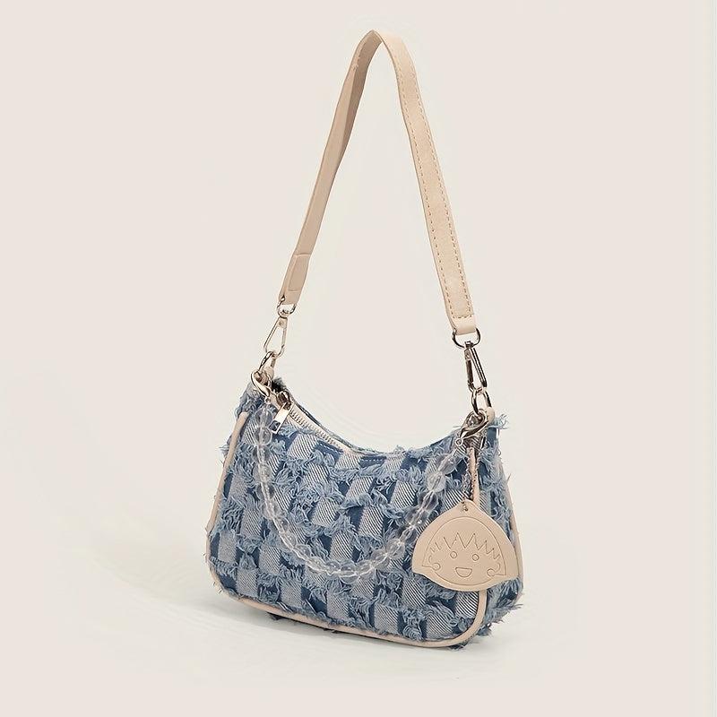 Plaid Denim Handbag with Beaded Clutch Purse
