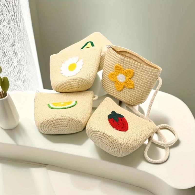 Flower & Fruits Pattern Woven Shoulder Bag