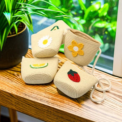Flower & Fruits Pattern Woven Shoulder Bag