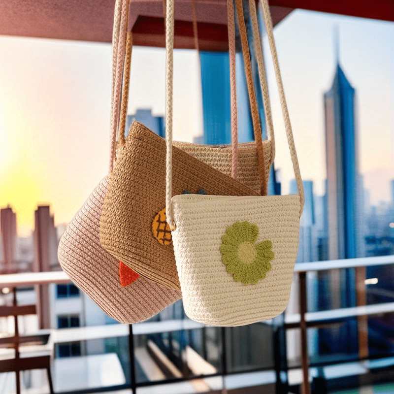 Flower & Fruits Pattern Woven Shoulder Bag