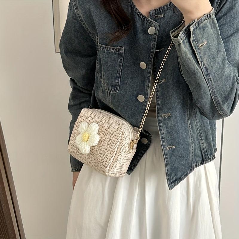 Straw Crossbody Bag Boho Style Chain Shoulder Bag Summer Beach Purse