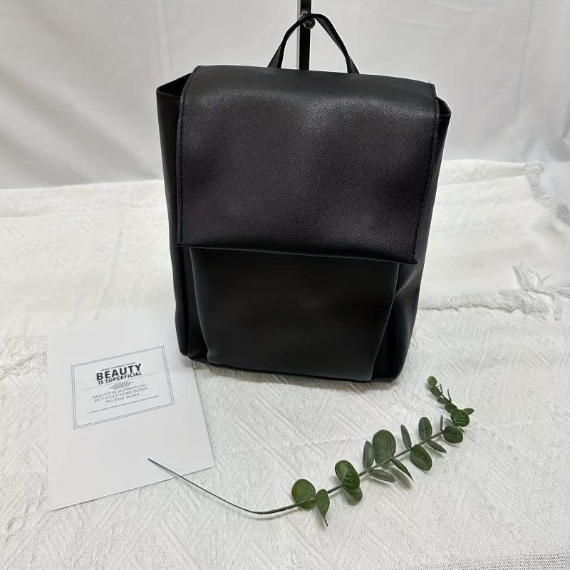 Mini Minimalist Flap Backpack Faux Leather Daypack Top Handle Travel Schoolbag