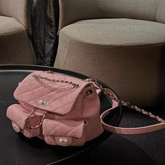 Women's Mini Chain Backpack Argyle Quilted Daypack Drawstring Bucket Bag