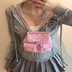 Women's Mini Chain Backpack Argyle Quilted Daypack Drawstring Bucket Bag