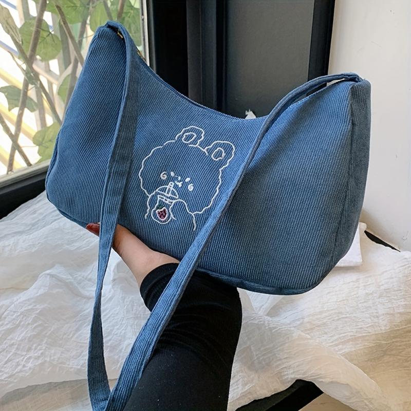 Cartoon Pattern Shoulder Bag Corduroy Underarm Zipper Bag