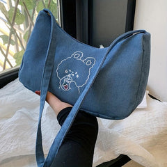 Cartoon Pattern Shoulder Bag Corduroy Underarm Zipper Bag