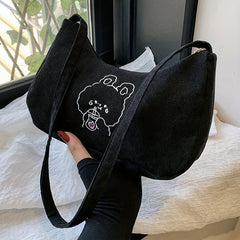 Cartoon Pattern Shoulder Bag Corduroy Underarm Zipper Bag