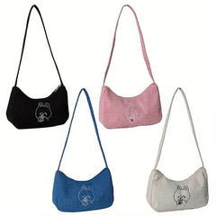Cartoon Pattern Shoulder Bag Corduroy Underarm Zipper Bag