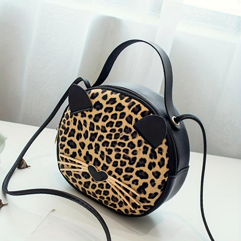 Leopard Print Handbag For Women Round Crossbody Bag Glitter Cartoon Cat Purse