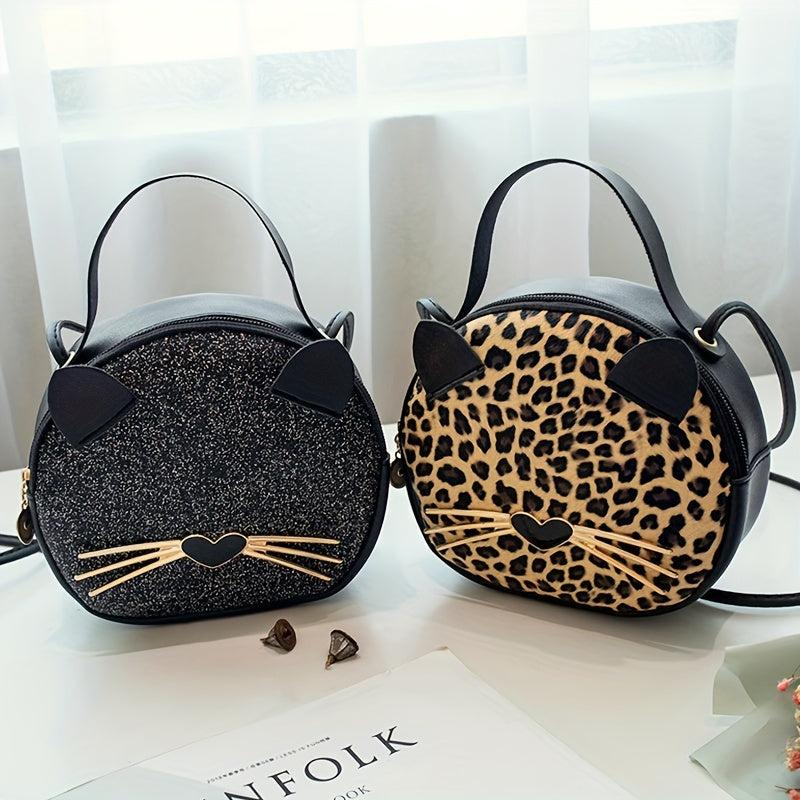 Leopard Print Handbag For Women Round Crossbody Bag Glitter Cartoon Cat Purse